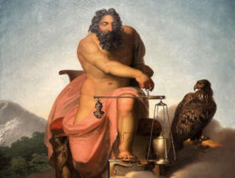 Zeus watching the Trojan war from Mount Ida